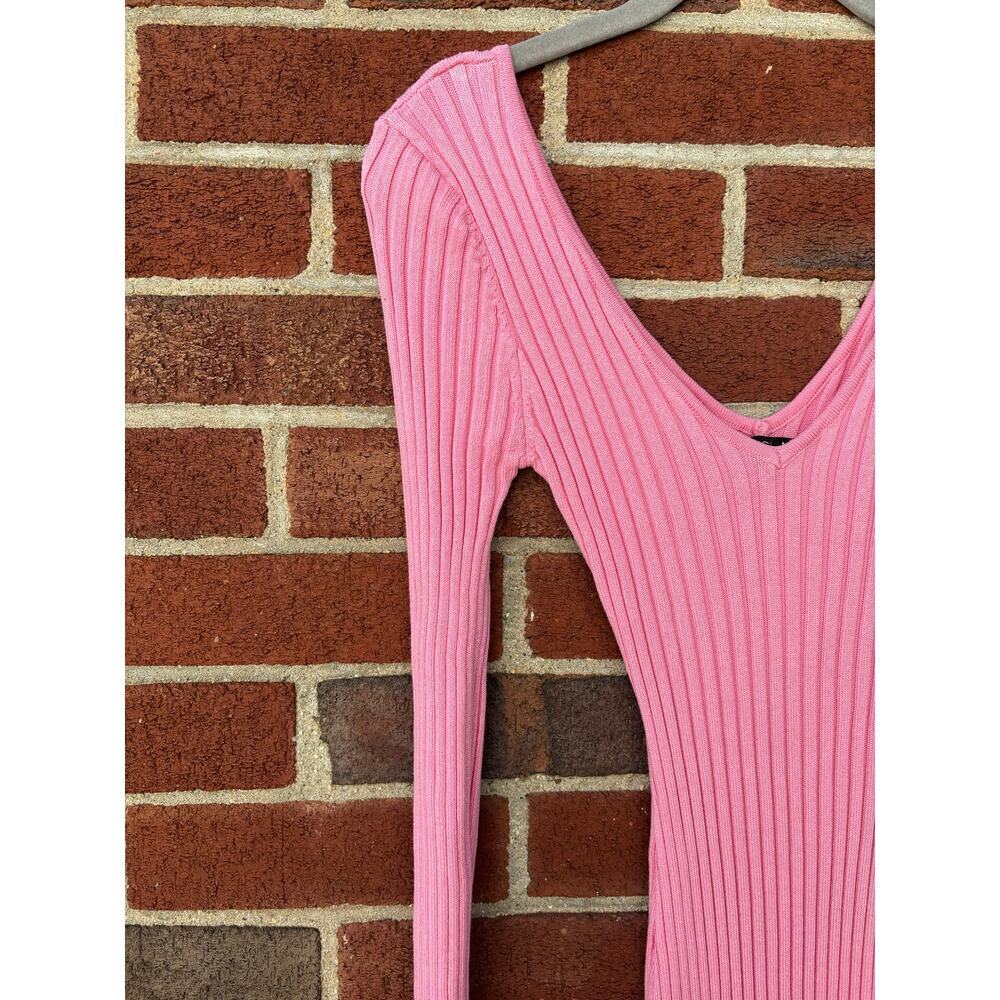 Fashion Nova Pink Ribbed Bodycon Midi Dress XS Long Sleeve V Neck Stretch - Picture 5 of 7